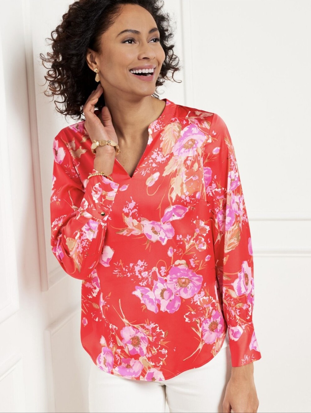 Talbots Coral-Red Pink Satin soft Floral Split-Neck Blouse Size XL New